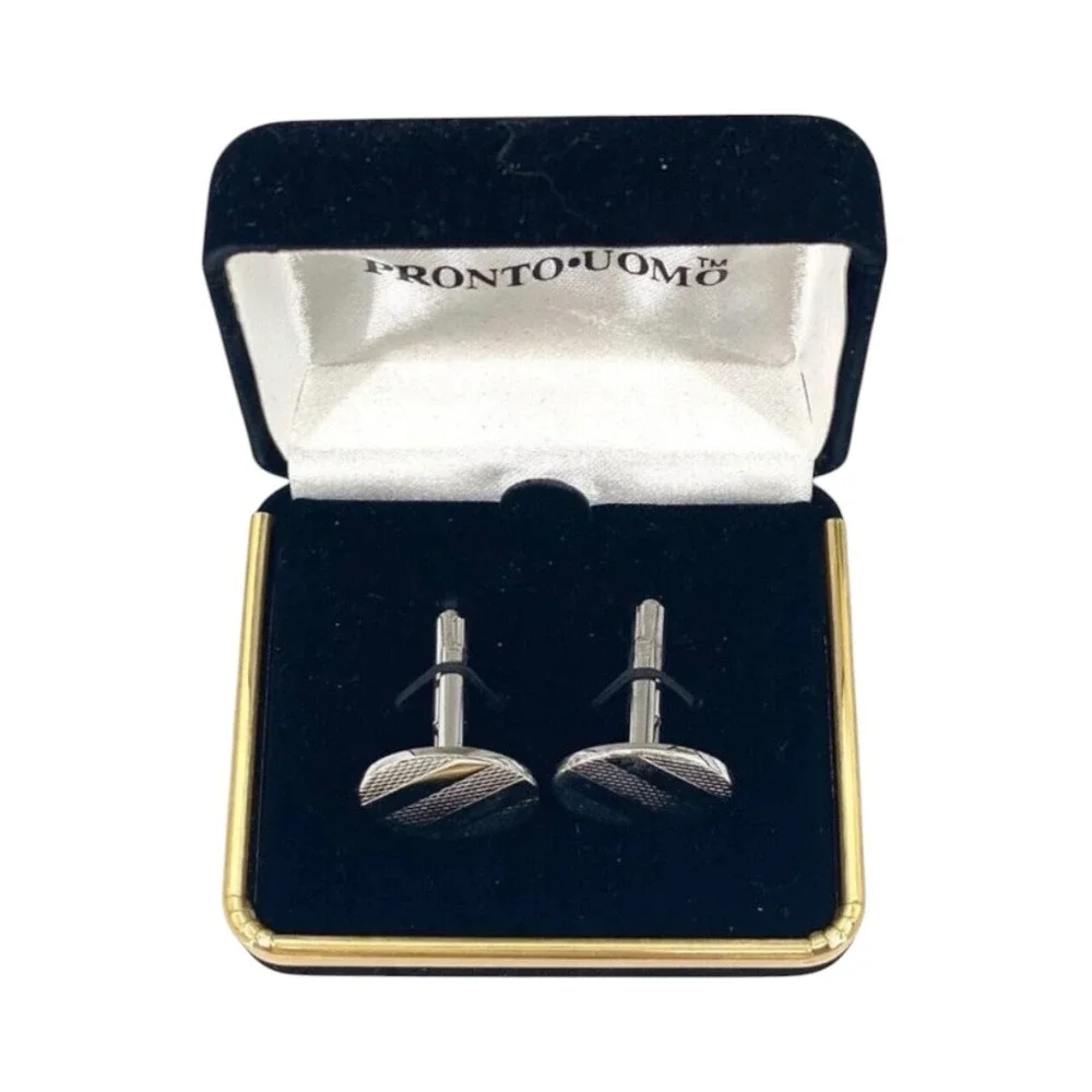 Pronto Uomo Silver Tone Round Cufflinks Diagonal Stripe Textured with Box Mens